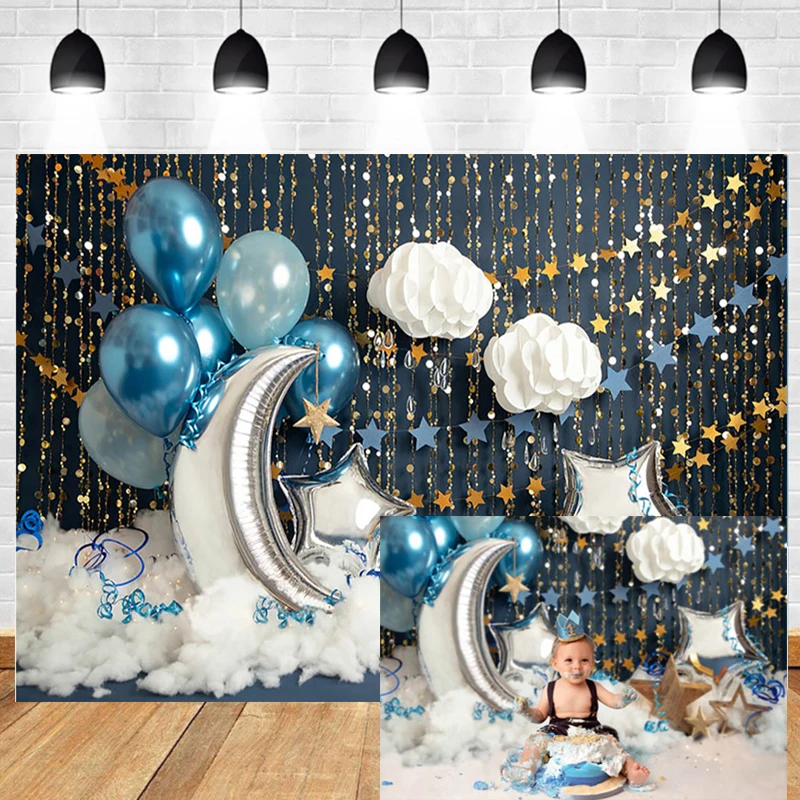 

Фон для студийной фотосъемки с изображением торта на день рождения воздушных шаров Золотая Мерцающая звезда ребенок Портрет фон облако Лун...