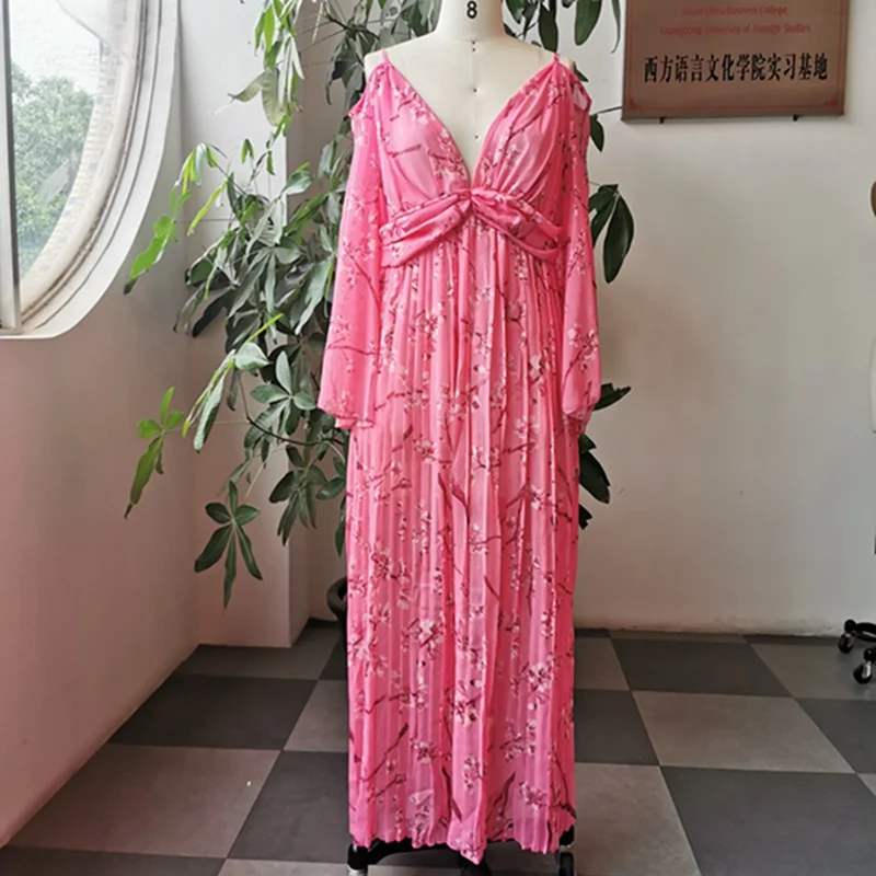 Женское сексуальное платье в стиле бохо с глубоким V образным вырезом Розовый