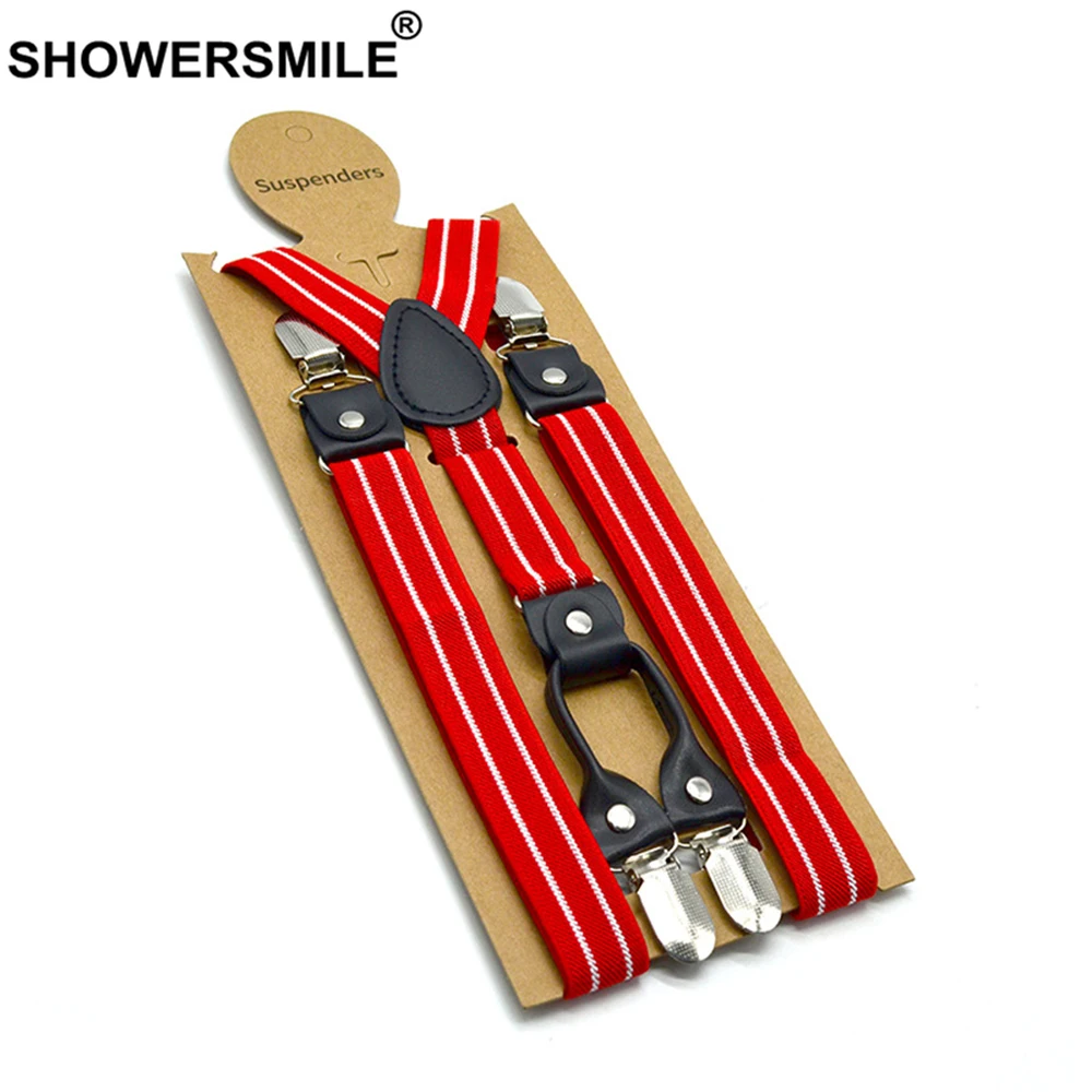 

SHOWERSMILE Striped Suspenders Men Beige Shirt Belt 4 Clips Y Back Mens Trousers Suspenders Braces Male Pants Strap 2.5cm*120cm