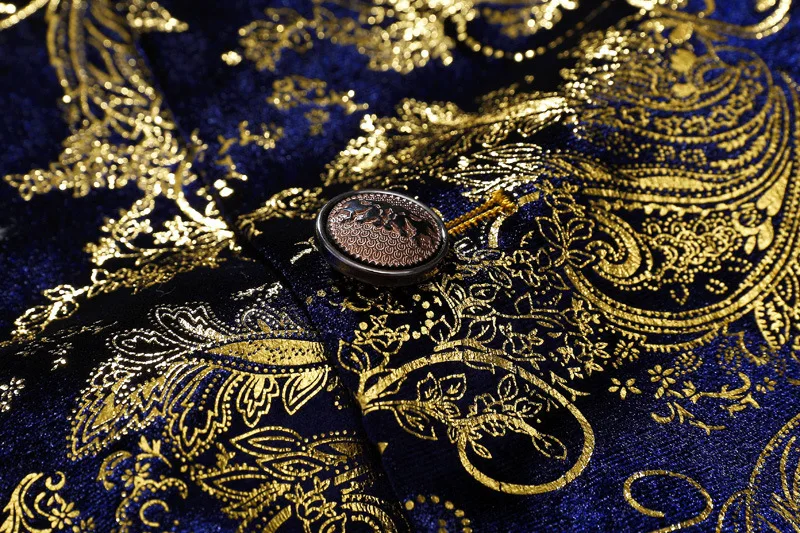 Пиджак PYJTRL мужской брендовый блейзер с синим бархатным золотым цветочным принтом модная Блейзер