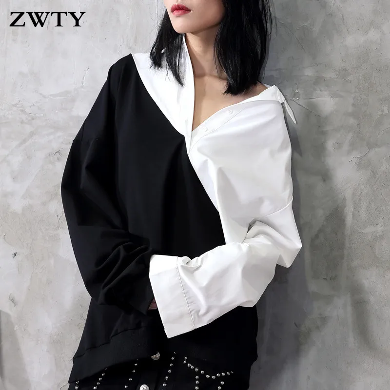 

ZWTY 2021New Spring Lapel Black White Hit Color Irregular Loose Big Size Long Shirt Women Blouse Tide Fashion