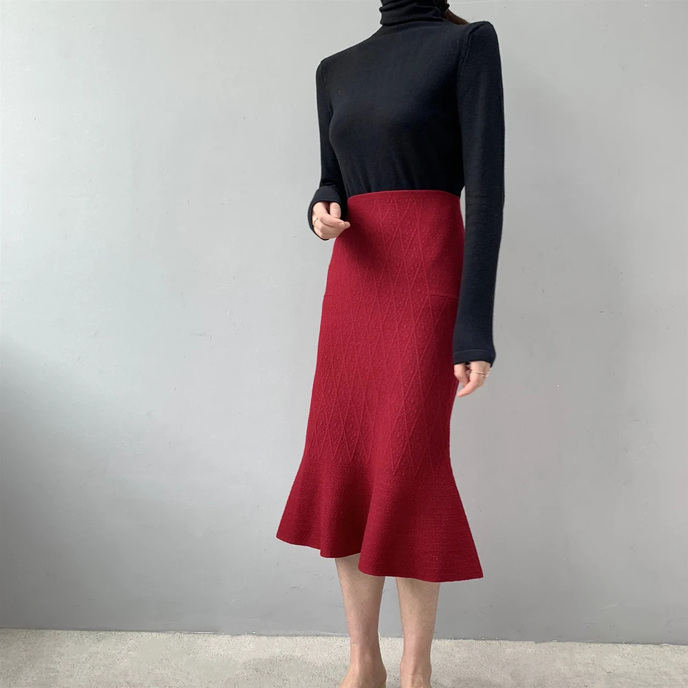 2019 высокая талия винтажная облегающая Вязанная для женщин зимняя длинная юбка