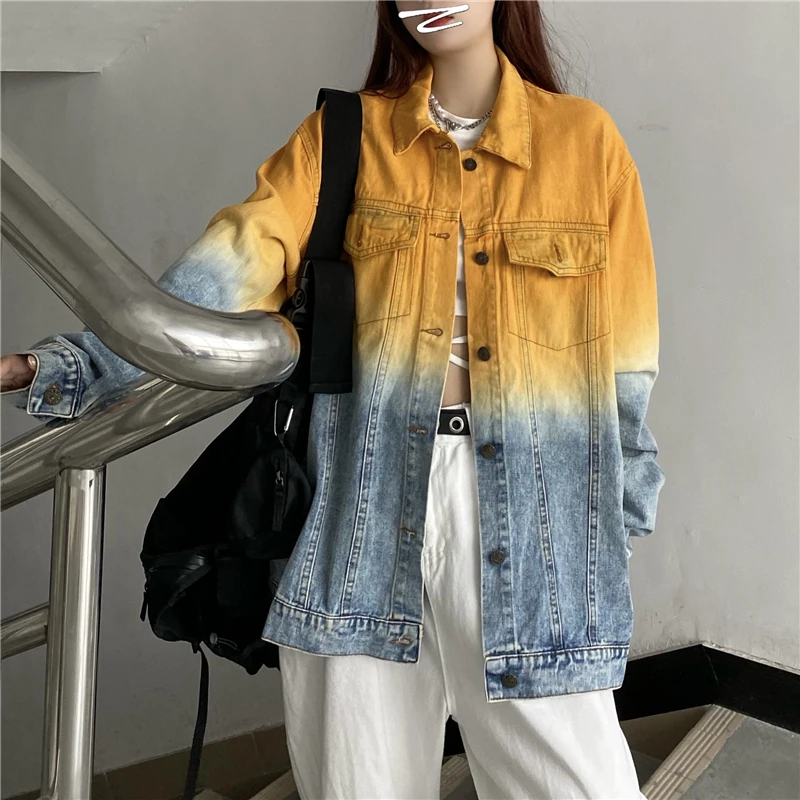 

Long coats for women denim new 2021 autumn streetwear patchwork jean jacket Korean ladies fashion baggy top casual cargo jackets