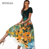 movokaka 3d butterfly print dresses women beach casual elegant short sleeves spring summer dress party square collar long dress
