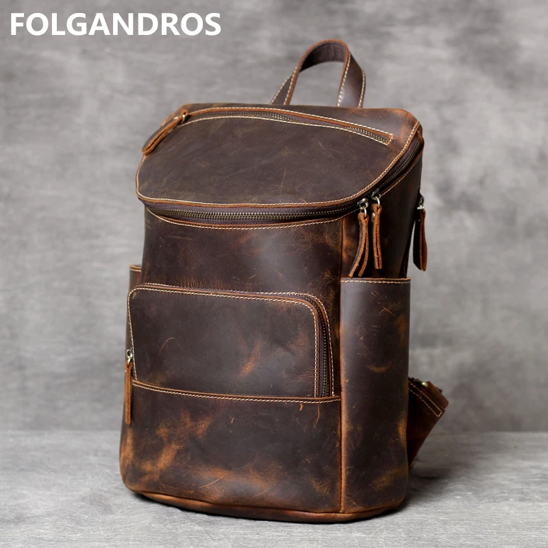 

Мужской винтажный рюкзак из кожи Крейзи Хорс, брендовая дизайнерская Толстая сумка на плечо из воловьей кожи, оригинальный мужской рюкзак ручной работы