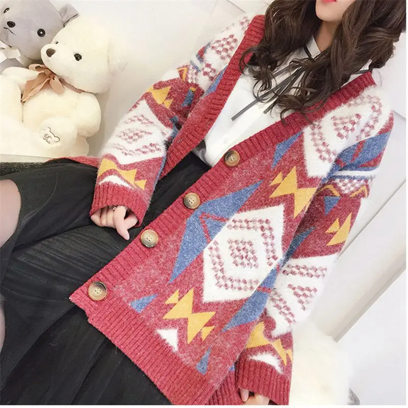 

Korean Style Loose Oversized Cardigans Women Sweater and Cardigans V-neck Long Knitted CoatPoncho Plaid Outerwear Coat