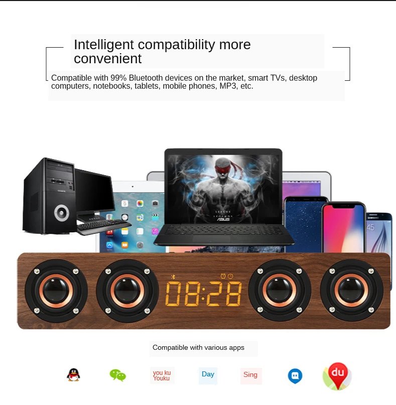 

2020 New W8C Wooden Wireless Mobile Phone Bluetooth Speaker Computer Sound Blaster Multifunctional Alarm Clock Retro Speaker