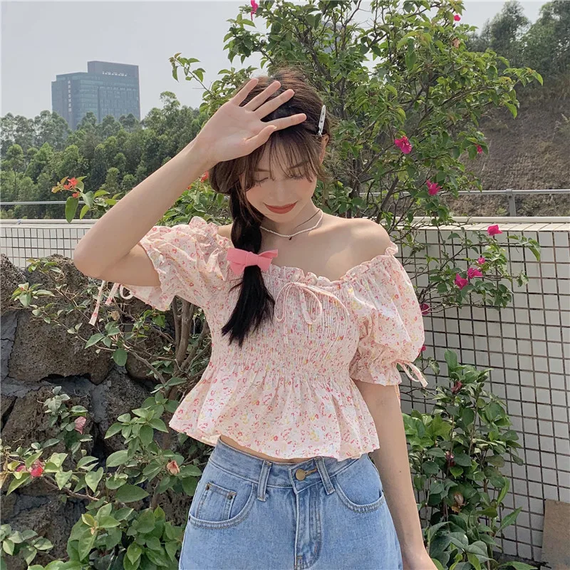 

Japanese Style Causal Slim Elastic Puff Sleeve Floral Slash Neck Women Fashion Basic All Match 2021 New Summer Blouses