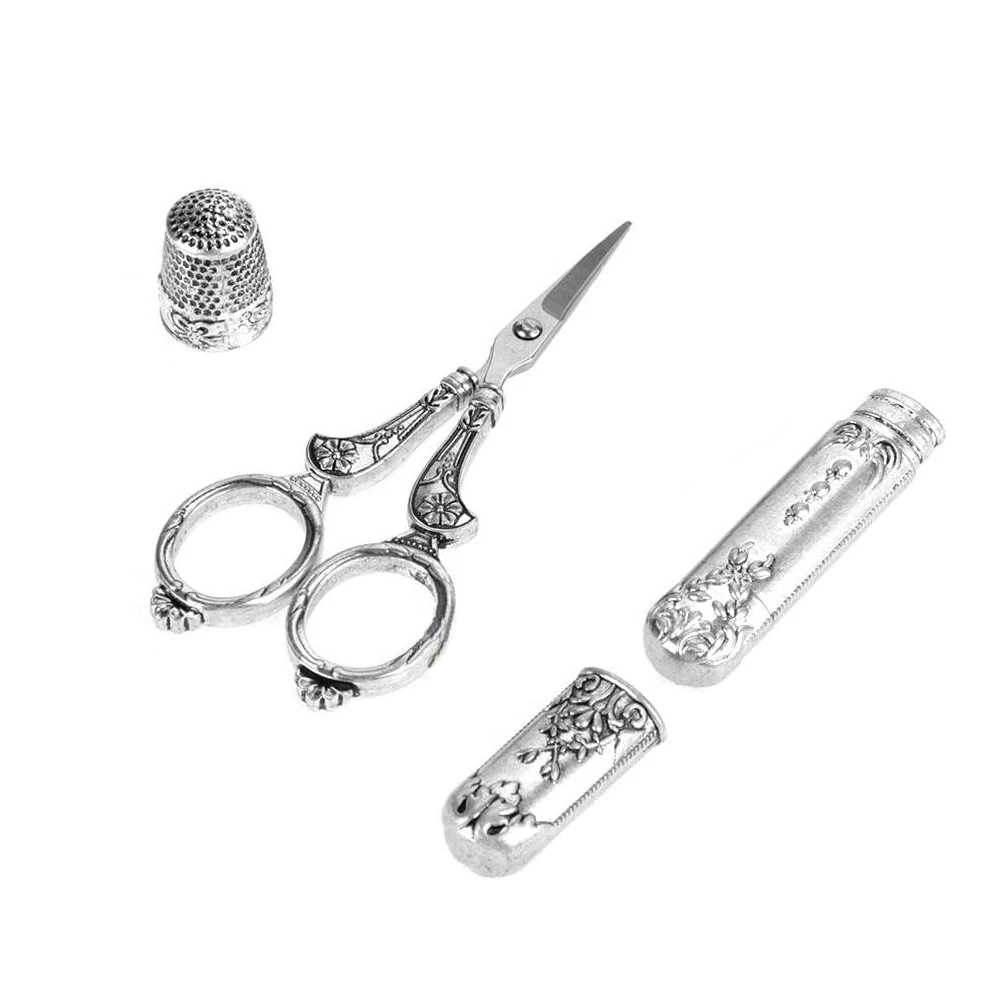 

Retro Sewing Kit Stainless Steel Thimble Scissors Needle Case for Cross Stitch Handmade Crafts DIY Sewing Tool Set