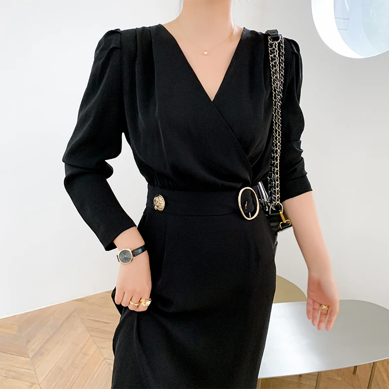 Женское черное платье с запахом новинка весны 2020 винтажное миди металлическим