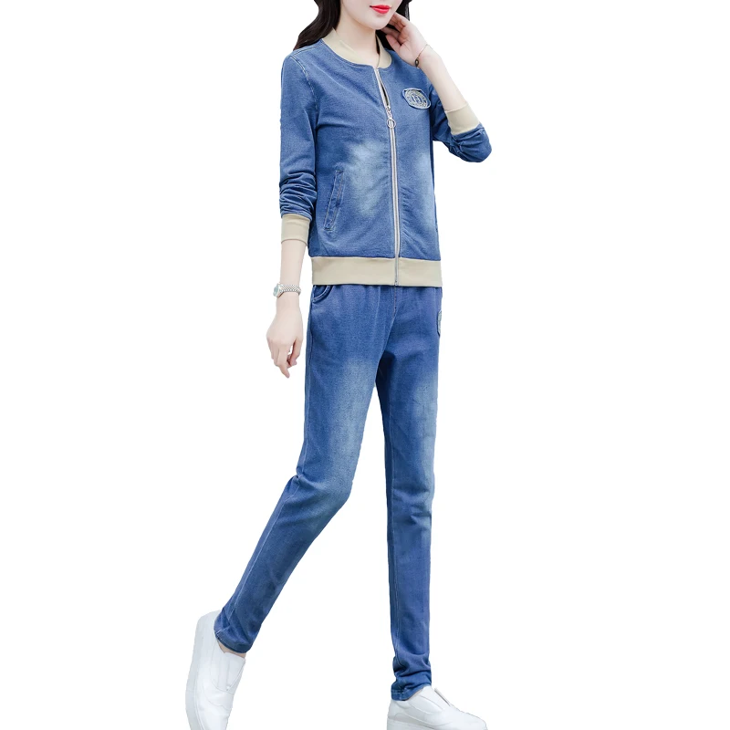 Женский джинсовый костюм из двух предметов повседневный большого размера весна