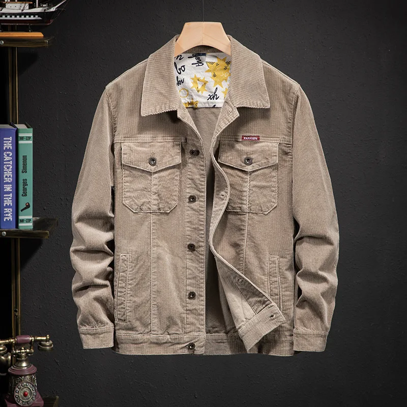 

Куртка мужская Вельветовая в стиле Харадзюку, модная утепленная хлопковая верхняя одежда с отложным воротником, однотонная в стиле ретро, о...