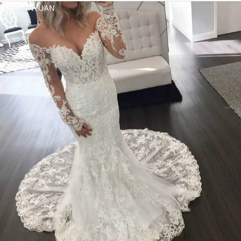 

Robe De Mariee Sexy Lace Off The Shoulder Mermaid Bridal Dress 2021 Sleeveless Illusion Back Long Sleeve Wedding Gowns