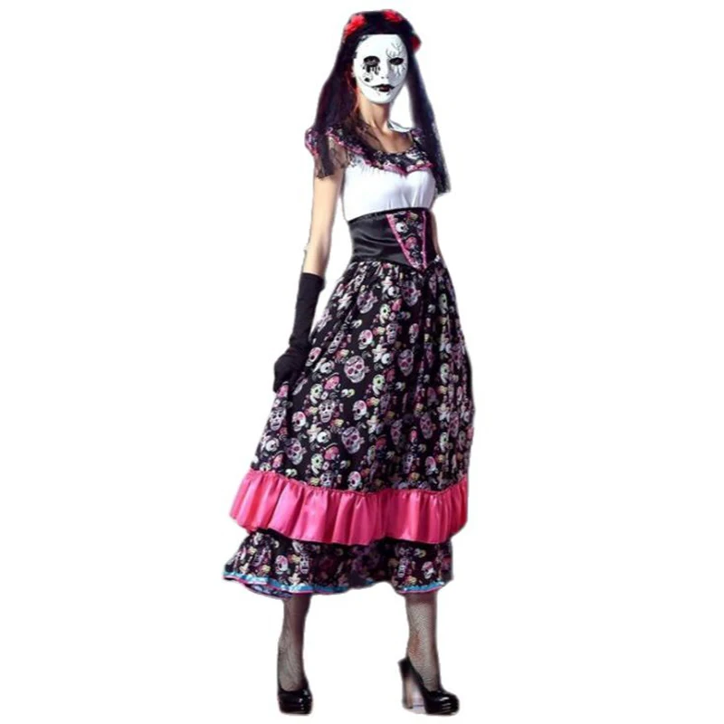 

New Adult Skeleton Day Of The Dead Costume Women's Sexy Sugar Skull Dia Flower Fairy Halloween Ghost Vampire Bride Fancy Dress