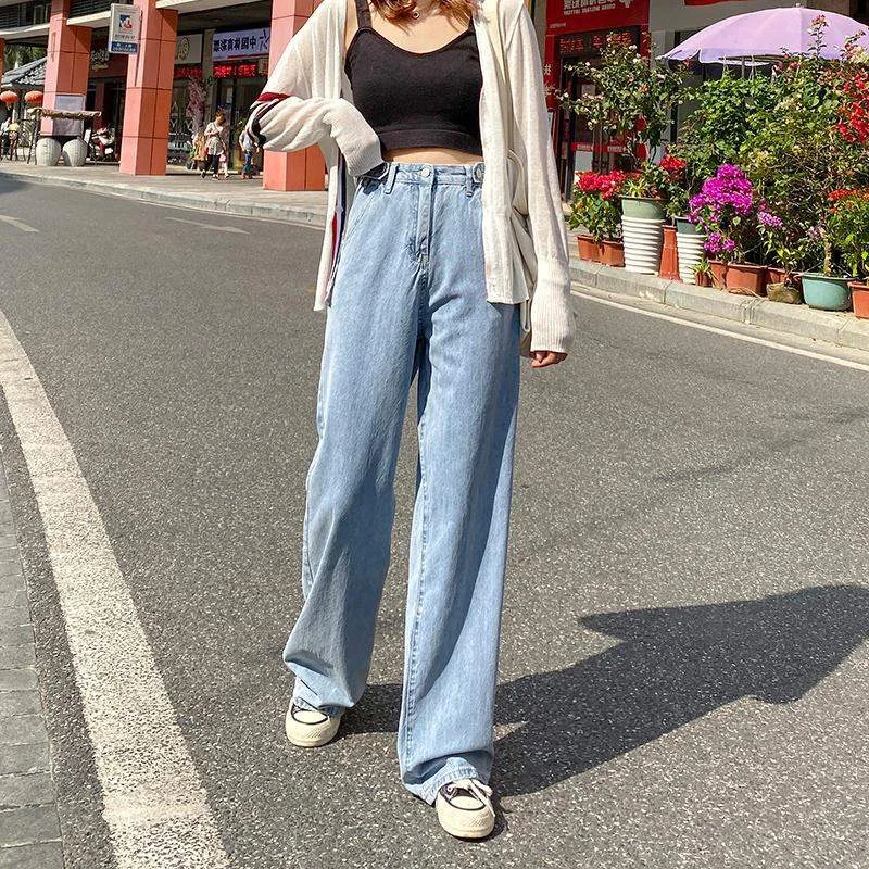 

Женские джинсы с завышенной талией, джинсовые брюки с широкими штанинами в стиле ретро, прямые штаны в стиле Харадзюку, уличная одежда синег...