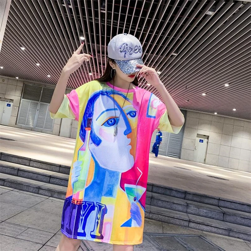 Весна-лето 2020 новое модное свободное платье-футболка с абстрактным