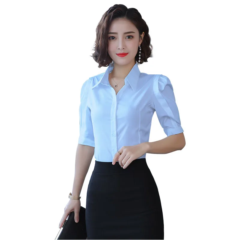 

New Women Chiffon Office Blouse 2020 Summer Tops Casual Half Sleeve Turn-down Collar White Work Shirt Fashion Ladies Slim Top