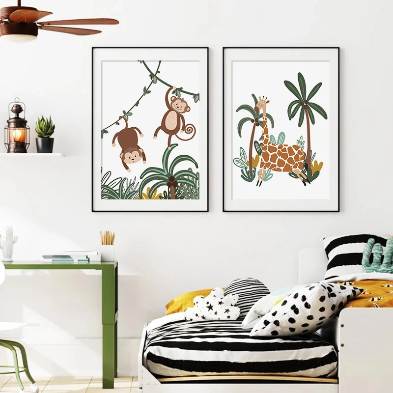 Настенный плакат с животными в джунглях обезьянами львом жирафом мультяшный