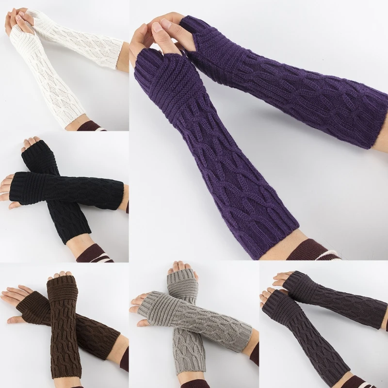 

Women Winter Warm Cable Knitted Long Fingerless Gloves Chunky Crochet Rhombus Solid Color Arm Warmers Thumbhole Mittens