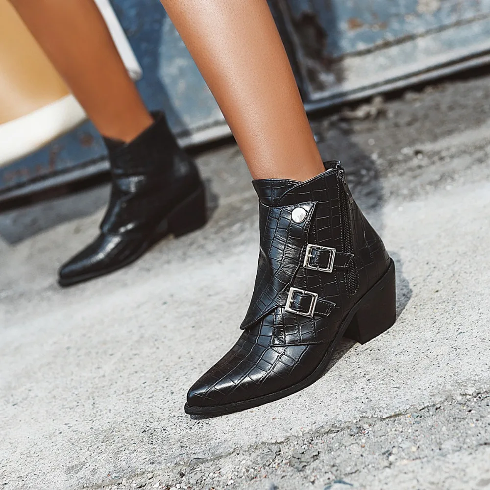 Женские ботильоны на высоком квадратном каблуке; botas zapatos mujer; зимняя кожаная обувь в стиле ретро; ботинки в ковбойском стиле; большие размеры
