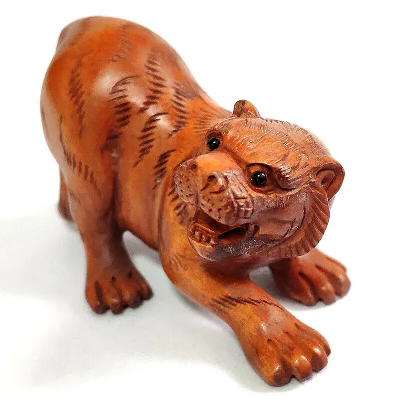 

Collectible 2 INCH Japanese Boxwood 20 Years Old Hand Carved Netsuke Sculpture Miniature Tiger Walking - #ZY7688