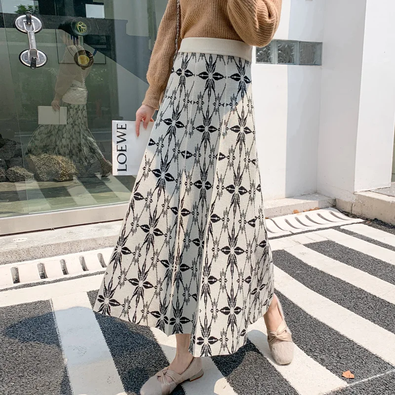 

Осенне-зимние жаккардовые плиссированные вязаные юбки, женские эластичные юбки с высокой талией и цветочным принтом, плотные теплые плисси...