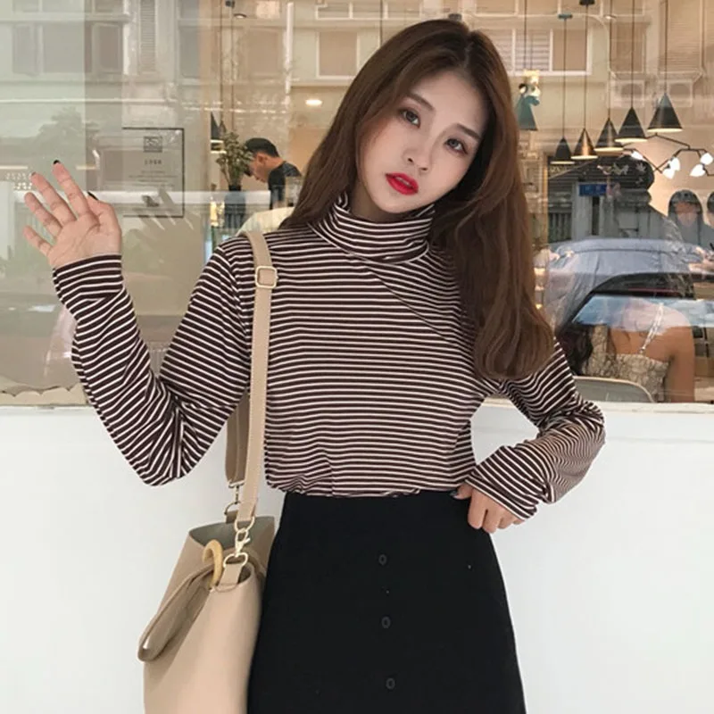 

Female Striped Slim Pullover Women T-shirt Autumn Turtleneck Long Sleeve Basic Tops Shirts
