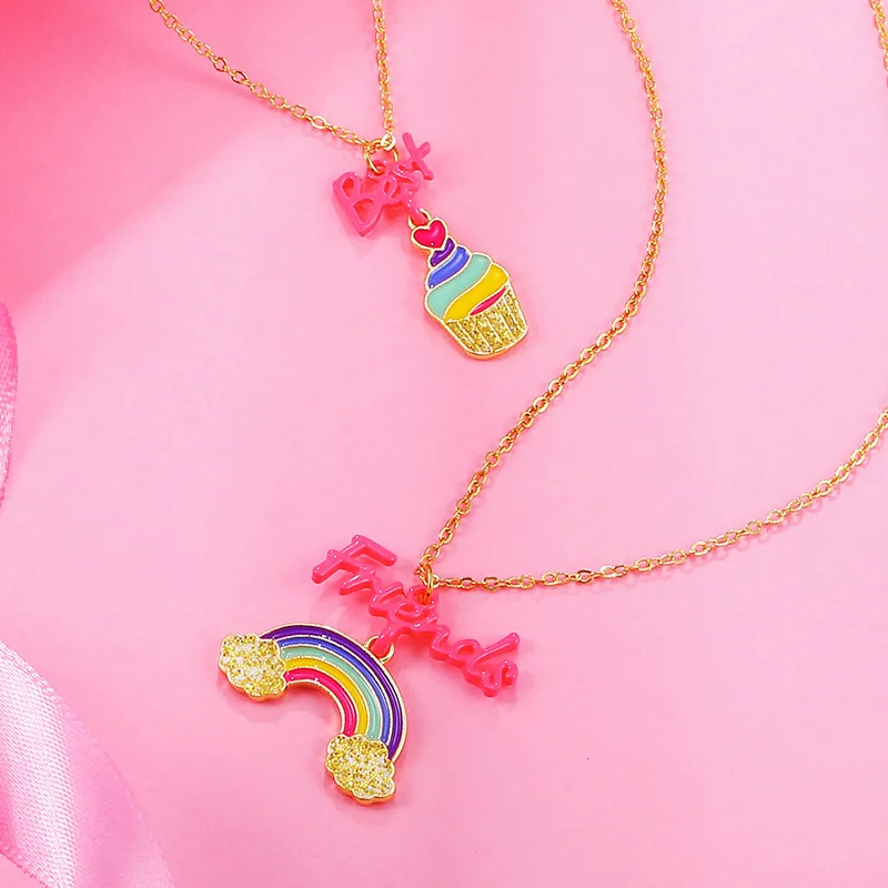

Best Friends Rainbow & Cupcake Pendant Necklace 2Pcs/Set Dainty Charm Chain BFF Friendship Party Jewelry for Women Girl