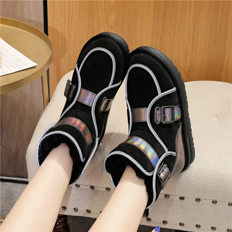 

Теплые зимние ботинки со светоотражающими вставками, женская зимняя обувь из искусственной кожи, Модные Черные ботильоны с подкладкой, жен...