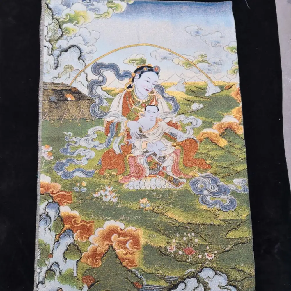 

35" Thangka embroidery Tibetan Buddhism silk embroidery brocade Nepal Buddha Mother Sending Child Statue Thangka