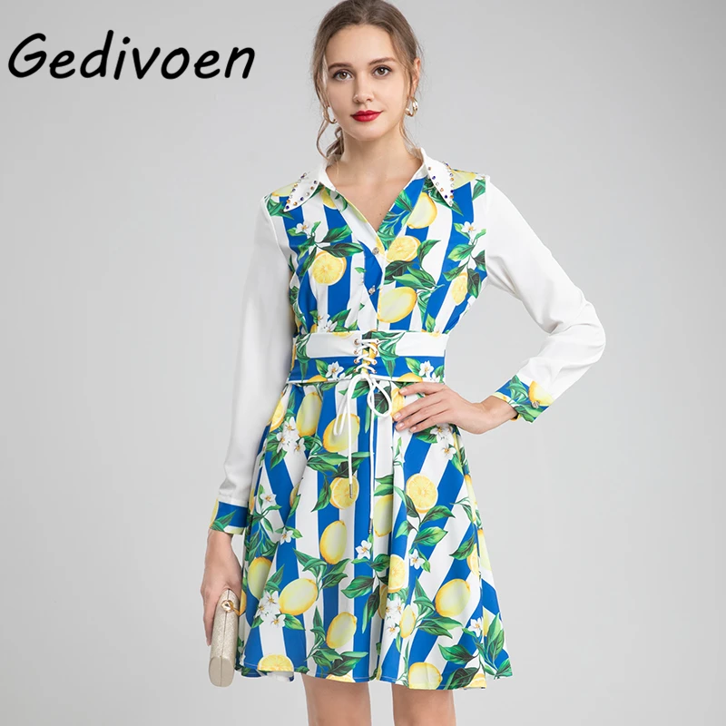 

Gedivoen 2021 New Women's Autumn Runway Fashion Mini Dress Elegant Diamonds Striped Lemon Print Full Sleeve A-Line Short Dresses