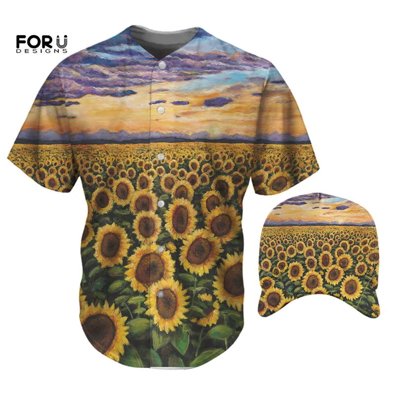 

FORUDESIGNS/мужские футболки с коротким рукавом, шляпа с подсолнухом, ландшафтный узор, бейсбольные футболки с круглым вырезом, повседневная оде...