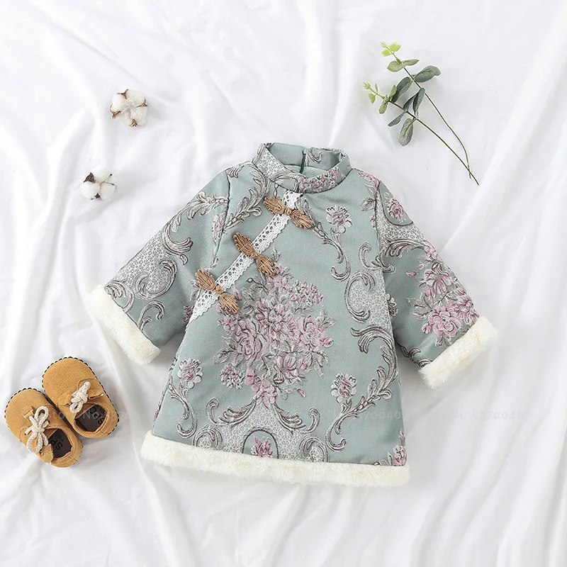 Детское платье Ципао в стиле ретро для девочек зимнее бархатное принцессы с