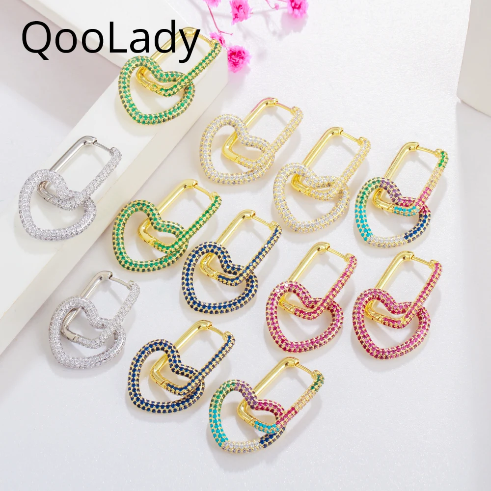 QooLady уникальный дизайн многоцветный кубический цирконий милые Висячие Любовь Сердце обруч серьги для женщин новый женский подарок E277