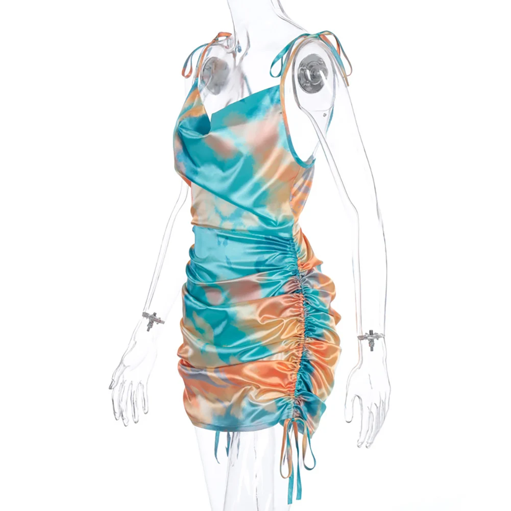 

Sexy Women Sleeveless Drawstring Tie Dye Ruched Strappy Backless Bodycon Dress
