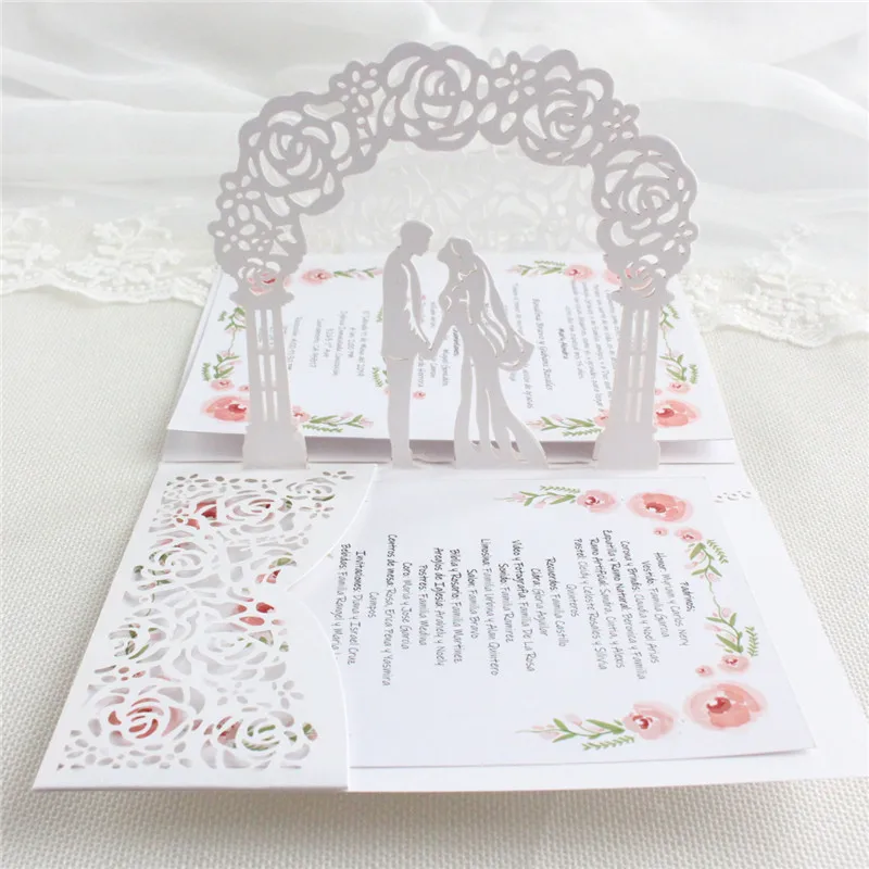 White Rose 3D Wedding Invitation Card Pockets Personalized Marriage Anniversary party greeting card