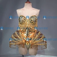gold sexy crystal beads bodysuit dress stage performance bling dresses dance wear nightclub shining costume outfit