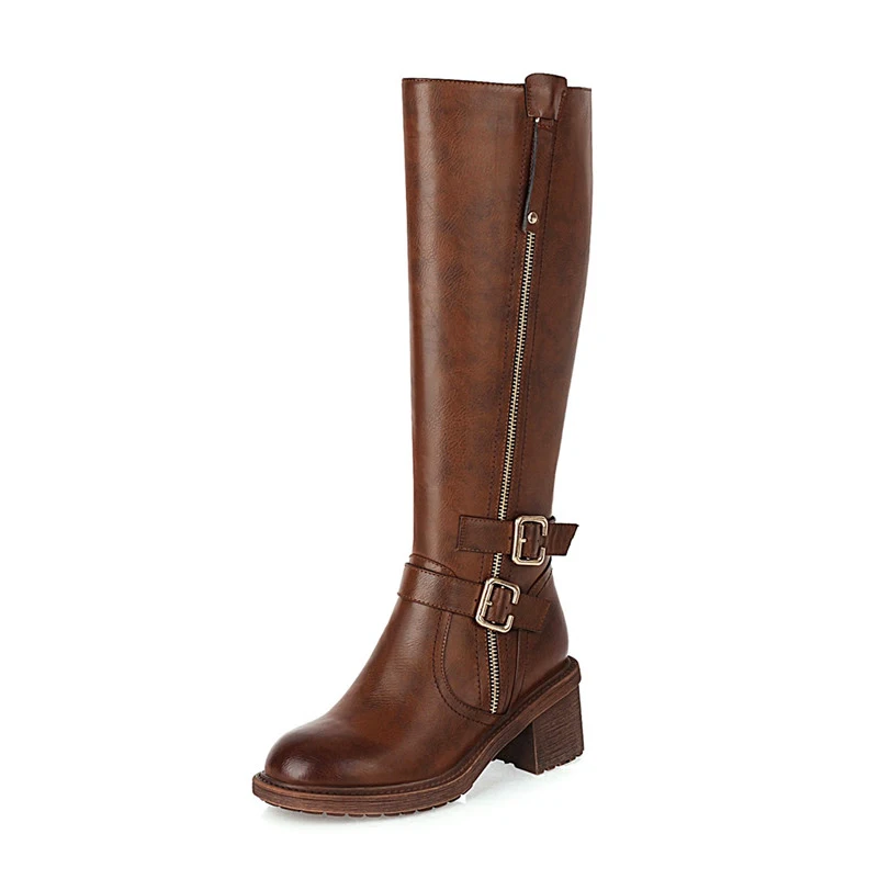 

FOREADA Knee High Boots High Heel Women Boots Buckle Thick Heel Long Boots Zipper Round Toe Ladies Shoes Autumn Winter Brown 40
