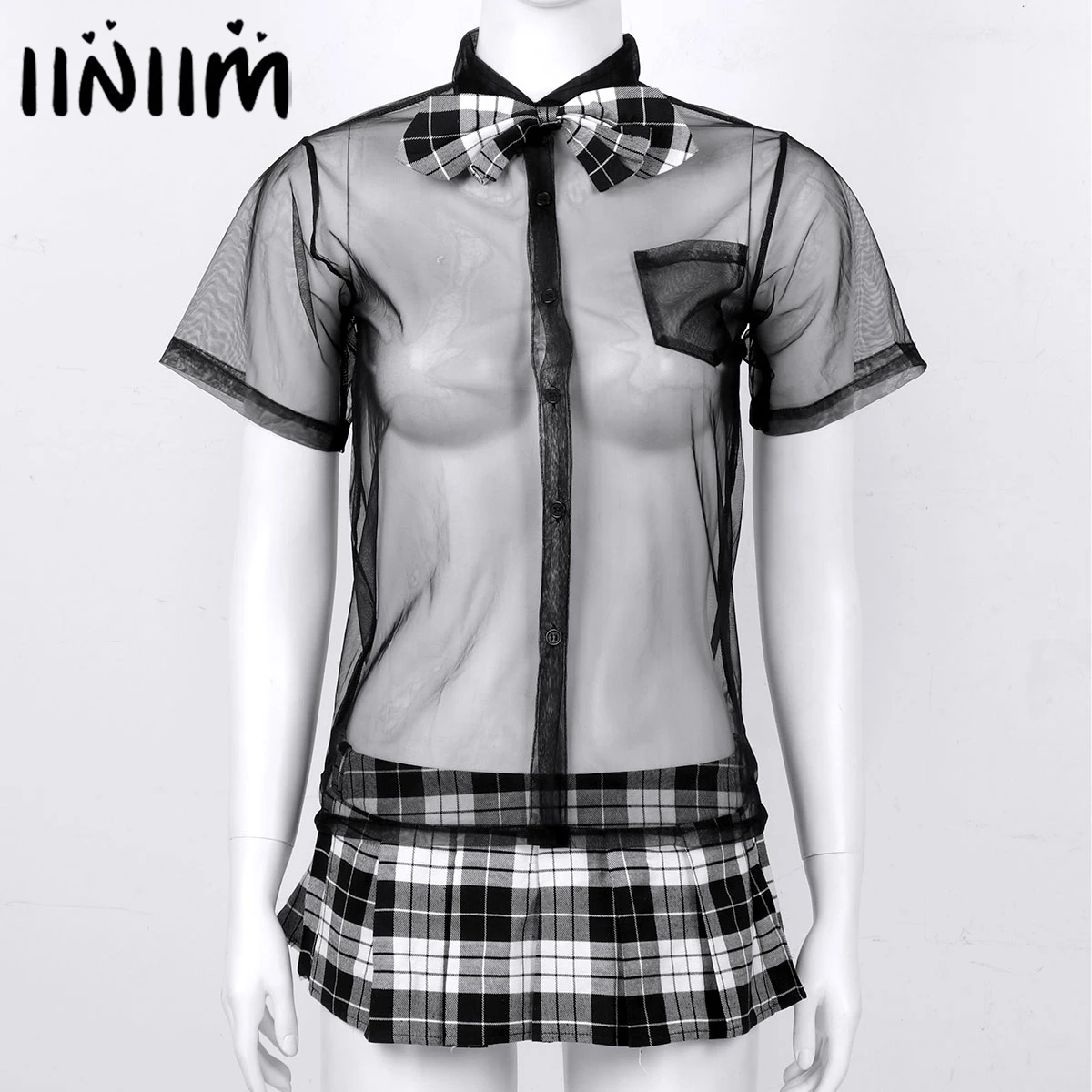 

Womens Femme Erotic Schoolgirls Sissy Cosplay Costume Turn-down Collar Sheer Mesh Shirt with Mini Plaid Pleated Skirt and Bowtie