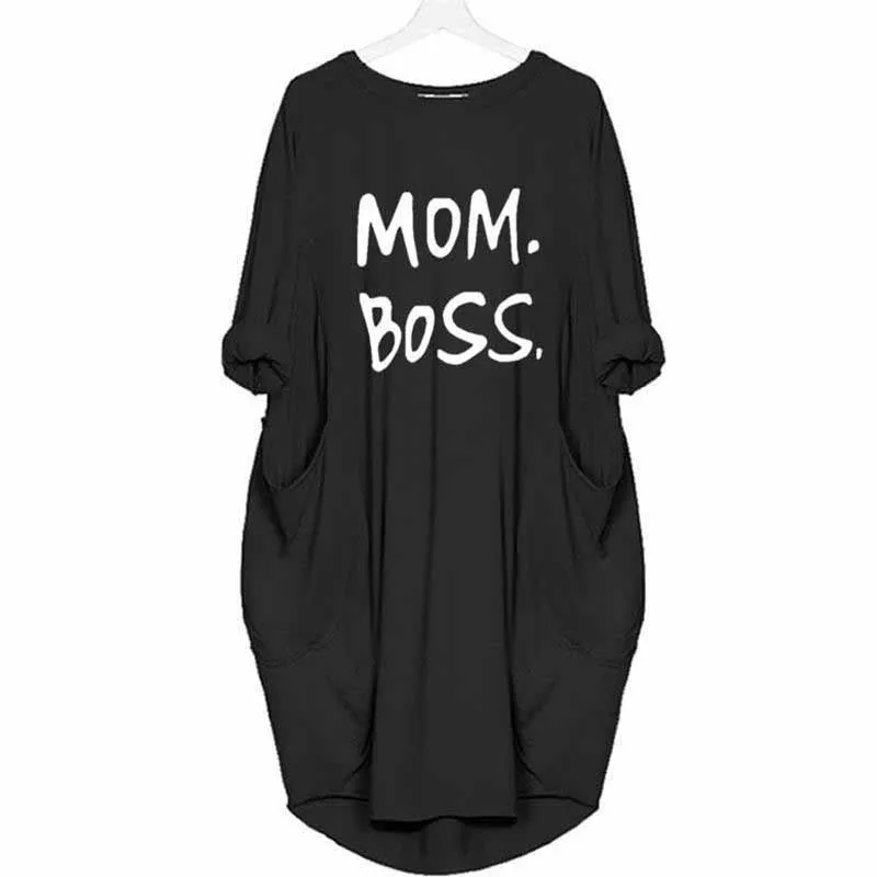 Женская футболка с открытыми плечами и карманами надписью Mom Boss Пляжное платье