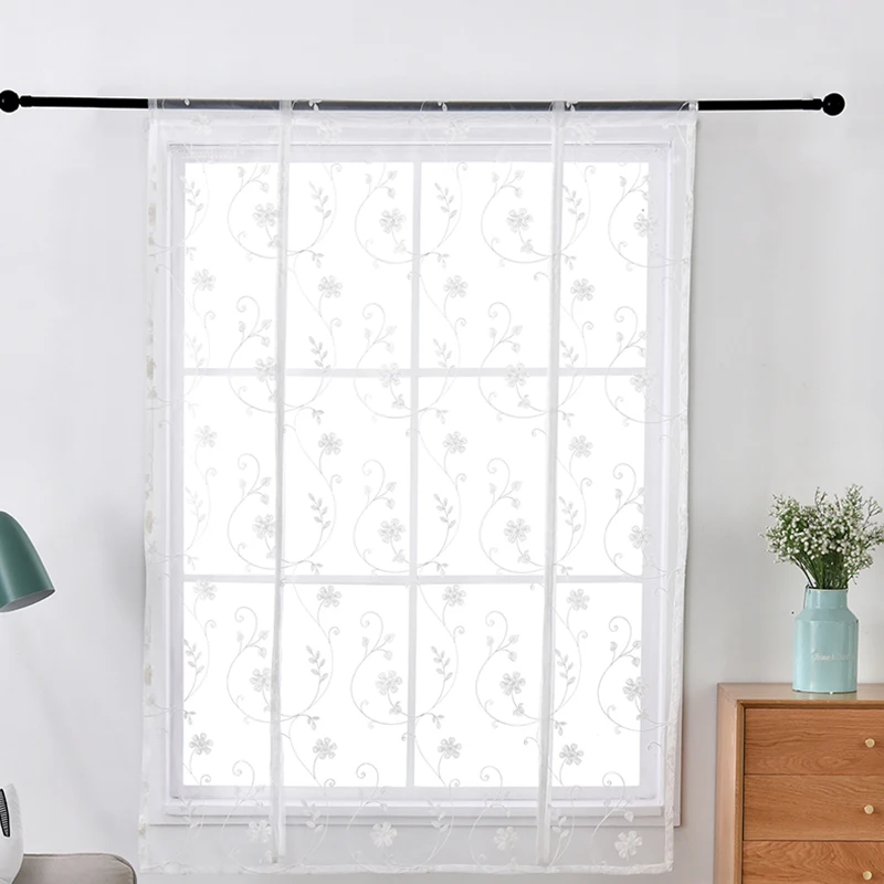

Modern Flower Embroidered Short Curtain Tulle Window Curtain Kitchen Living Room Divider Sheer Curtain Panel Drapes Window Voile
