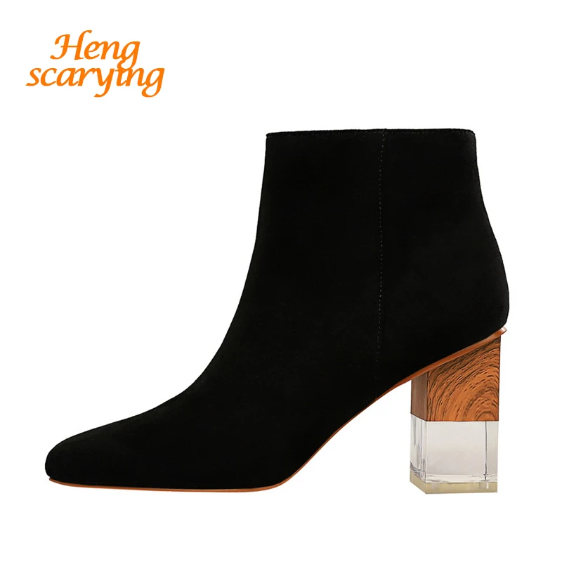 2019 новые зимние женские винтажные ботильоны из флока на высоком квадратном