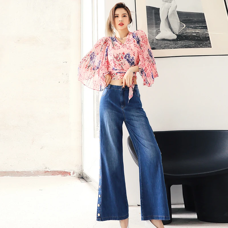 

Women Fashion Designer Spring Two Piece Outfits Elegant Print Flare Sleeve Chiffon Shirt and Wide Leg Jeans Trousers Suit Sets
