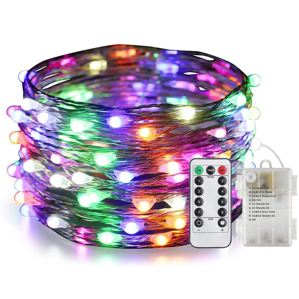 

Гирлянда из медной проволоки, 10 м, 100 светодиодов, с батарейным питанием, с пультом дистанционного управления и таймером для свадьбы, вечерин...