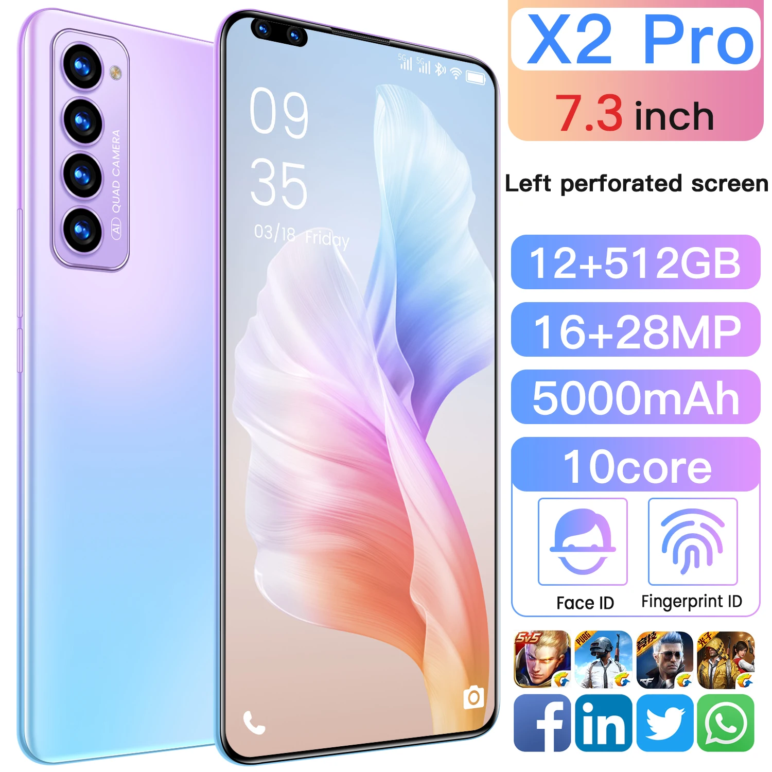 

Samsug Ice Cream Color X2 Pro 12GB 512GB Hot Selling 5000mAh 10 Core Newest Cellphone 5G 4G LTE SmartPhone Network Google