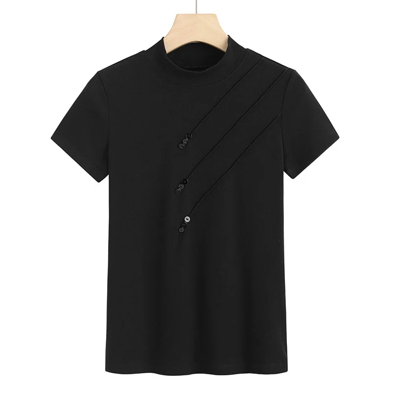 

2021 summer new short sleeve T-shirt niche design ins super fire semi-high T-shirt leisure comfortable base 6945