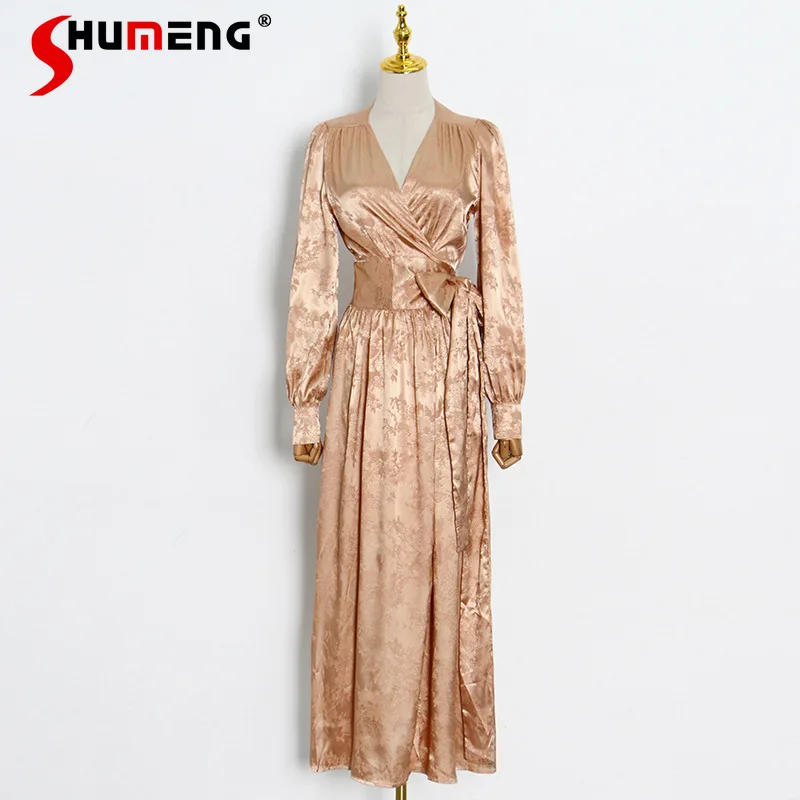 

French Khaki Satin Bandage Long Big Hem Dress Female 2021 Autumn New V-neck Puff Sleeve Trimming Lace Up Ankle-Length Dresses