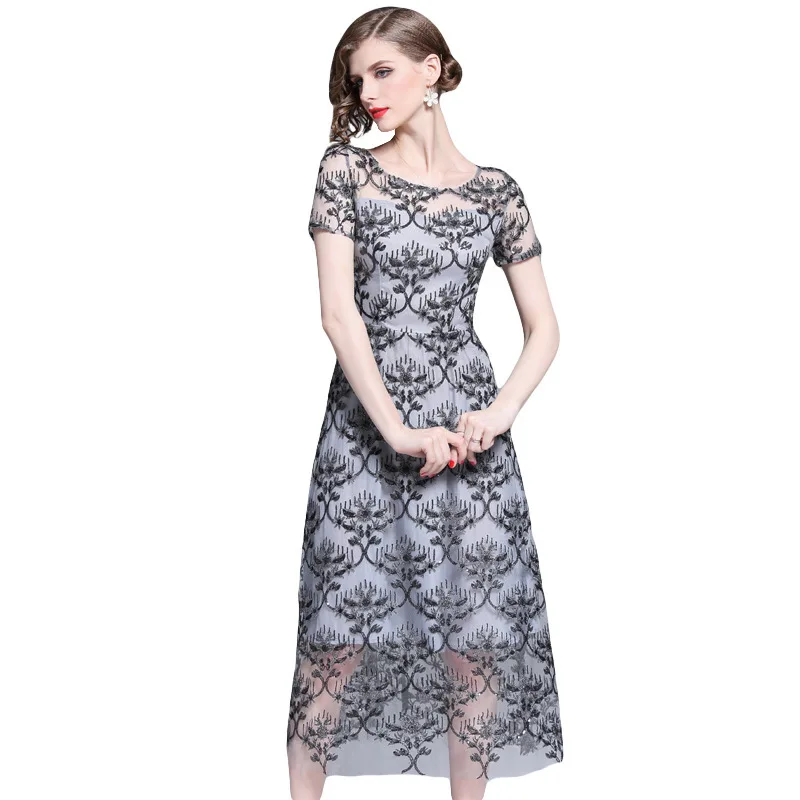 

Summer Fashion Embroidery Patchwork Mesh Long Dress Femme High Waist O Neck Casual Party Dress Vestido De Verano Sequined Female