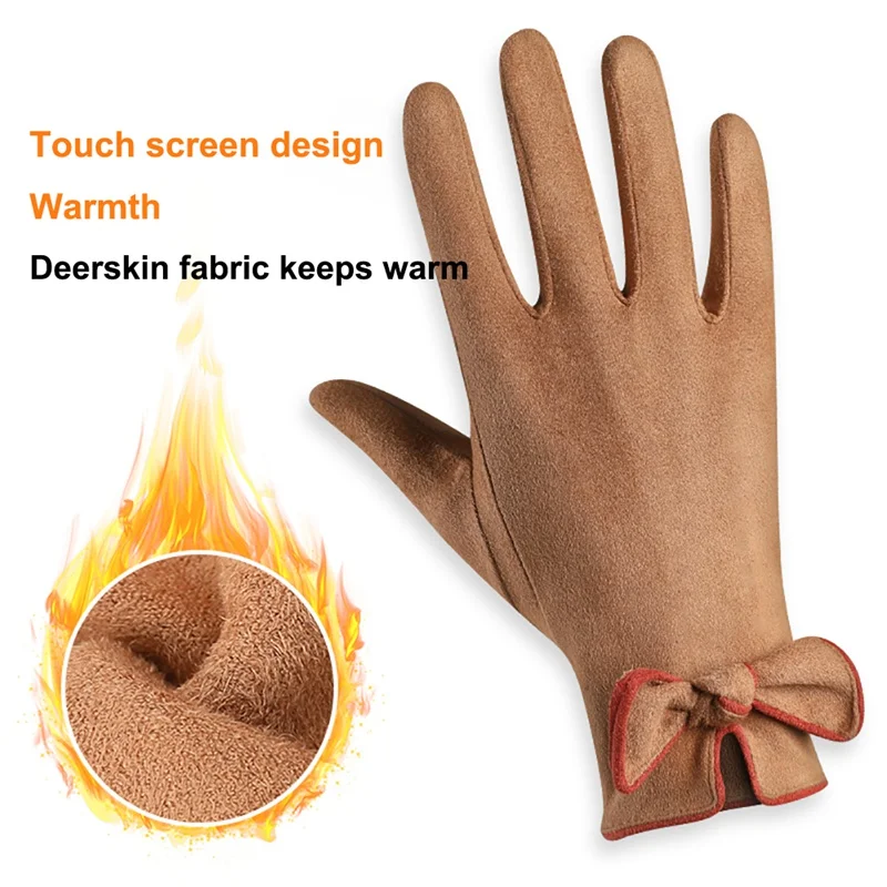 

Women Warm Full Finger Gloves Suede Touch Screen Gloves Lady Bow-knot Touch Screen Thermal