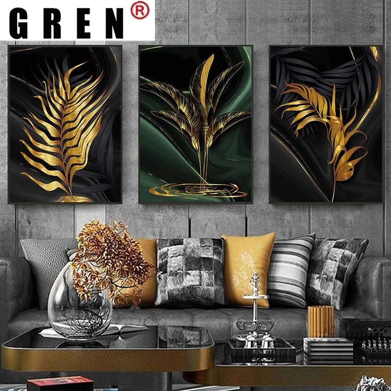 

GERN Golden Leaf Green Bush Plants Canvas Painting Spray Poster Landscape Prints Modern Wall Art Pictures Living Room Home Decor